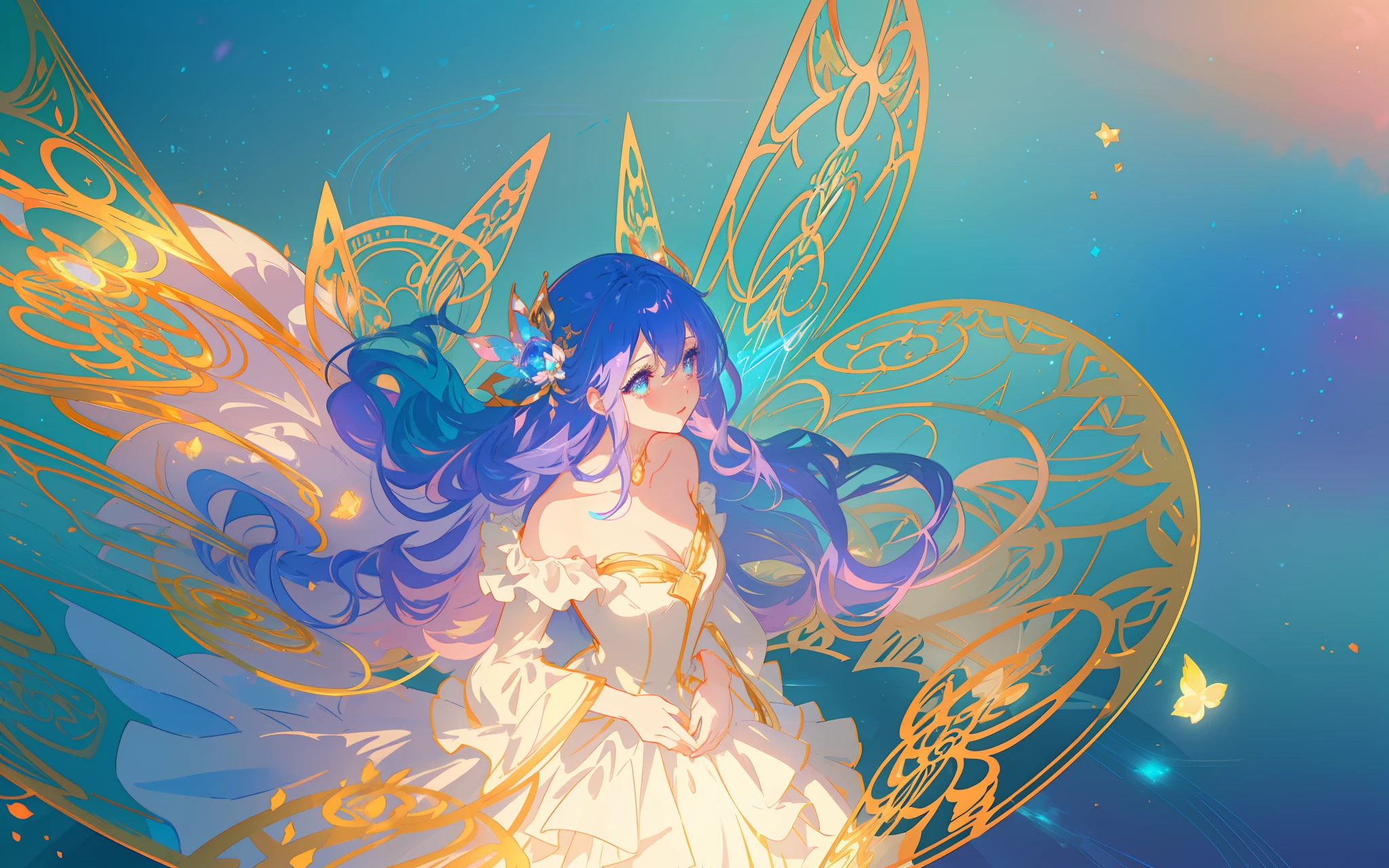 ((layered puff sleeve tiered ballgown)), anime, glowing ethereal hair, beautiful girl, beautiful anime art style, beautiful digital illustration, inspired by Glen Keane, inspired by Lois van Baarle, disney art style, glowing aura around her, jen bartel, glowing lights, (masterpiece, best quality), sharp focus, 8k resolution, intricate detail, highly detailed, swirling lines of light, magical lights, whimsical, magical, fantasia background, pastel colors, beautiful girl, ((golden ratio face)), perfection, beautiful face, sparkling detailed eyes