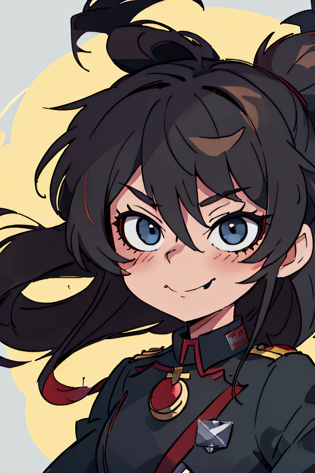 (masterpiece, best quality: 1.2), Solo, 1girl, tanya , looking at viewer, different poses, red eyes,( long hair, completely black) hair, reference to the outfit of a WWII German general World War, black long sleeves (best quality), scar on face, pretty eyes, has only 2 arms, has war medals on his clothes, Black Military Cap, Golden Eagle Medal on Clothing, (Wallpaper), (8K HD), (8K HD), Golden Shoulder Pads, Sprites, 1 Single Design (masterpiece, best quality: 1.2), Solo, 1girl, Tanya \(Youjo senki\), looking at viewer, smile, happy, different poses, eyes red,( long hair, completely black) hair, reference to a German general's clothing from World War II,