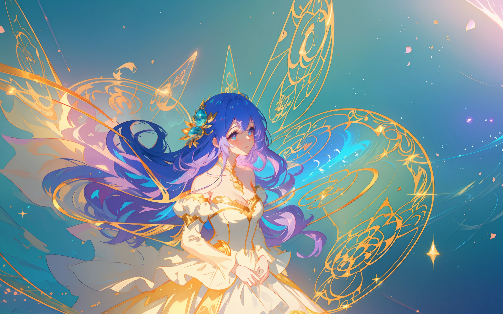 ((layered puff sleeve tiered ballgown)), anime, glowing ethereal hair, beautiful girl, beautiful anime art style, beautiful digital illustration, inspired by Glen Keane, inspired by Lois van Baarle, disney art style, glowing aura around her, jen bartel, glowing lights, (masterpiece, best quality), sharp focus, 8k resolution, intricate detail, highly detailed, swirling lines of light, magical lights, whimsical, magical, fantasia background, pastel colors, beautiful girl, ((golden ratio face)), perfection, beautiful face, sparkling detailed eyes