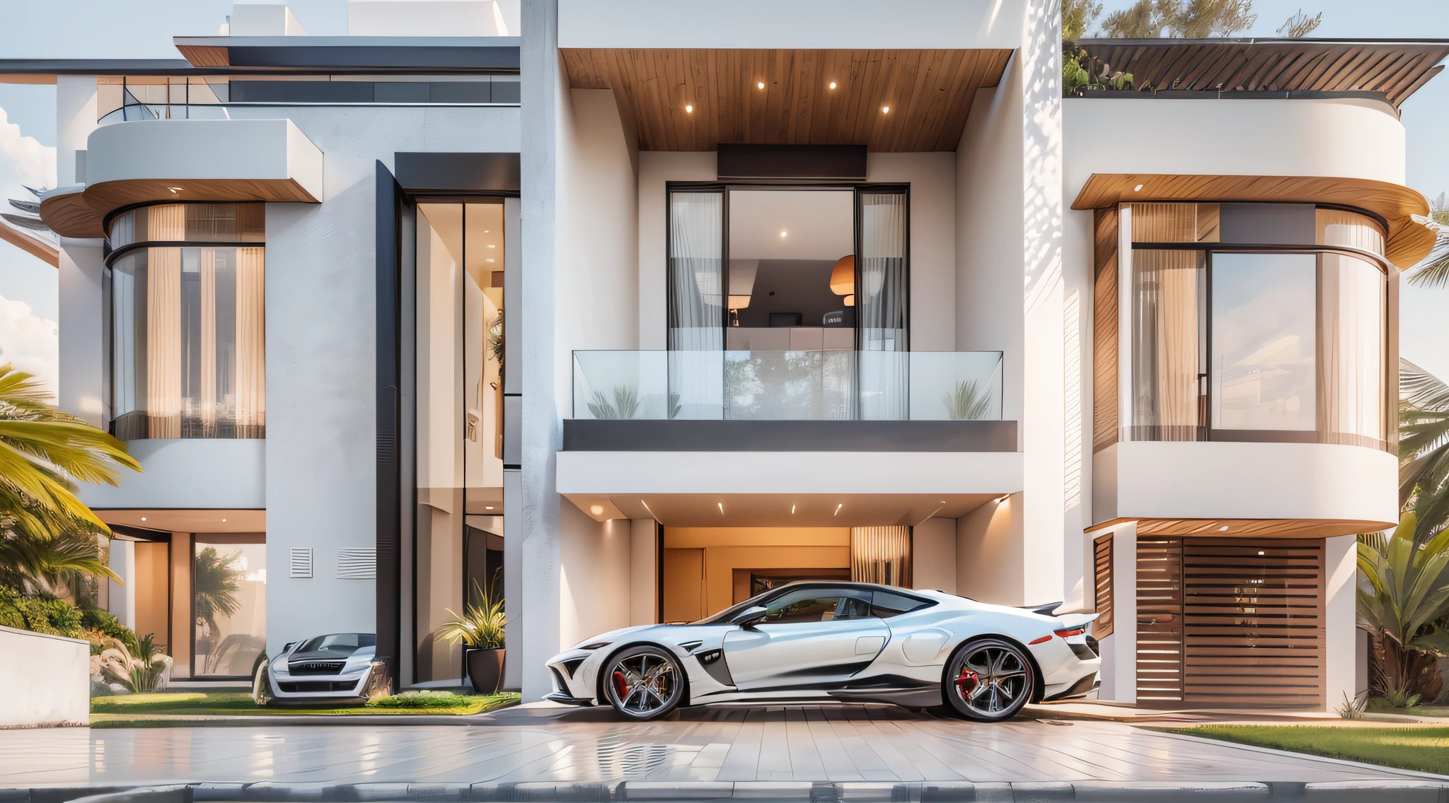 White modern villa with a luxury car parked in front