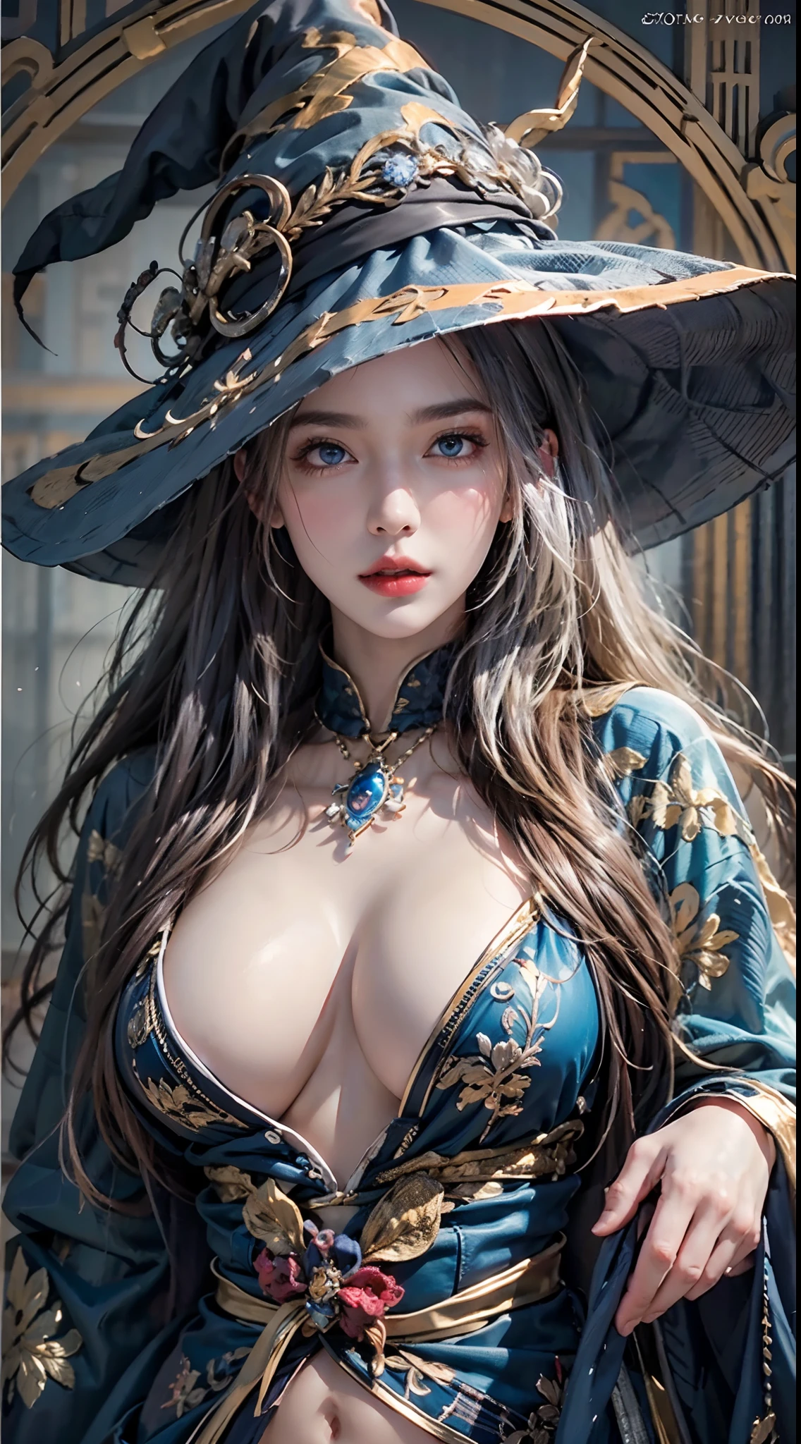 photorealistic, high resolution, soft lights, 1women, solo, hips up, blue eyes, witch robe