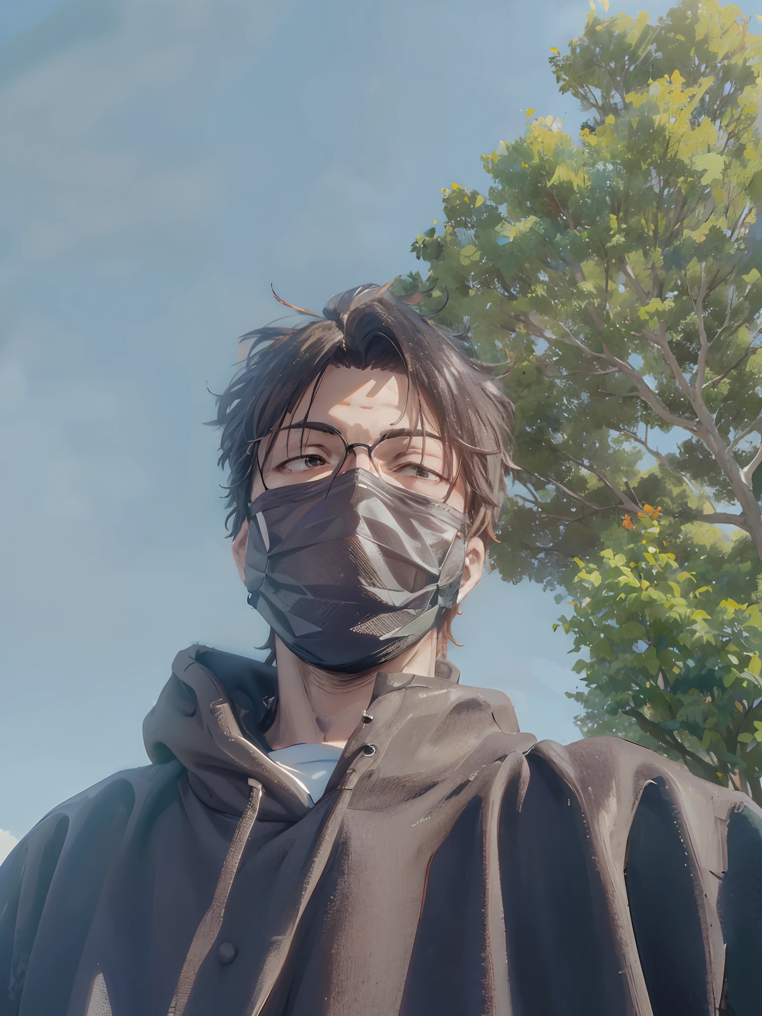 Yuta face standing in front of a tree, , trees in the background, 8k selfie photograph, with a tree in the background, trees in background, full mask, at a park, (((luke chueh)))