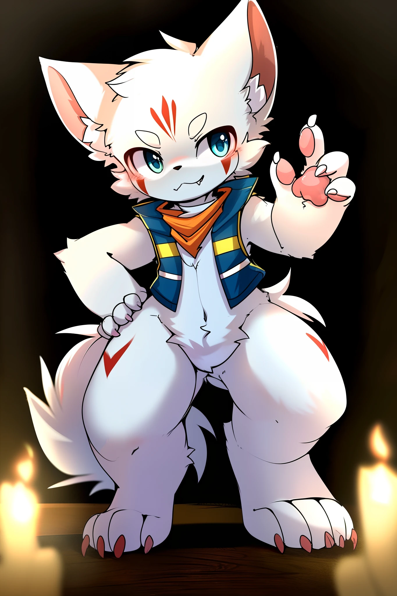 by huolongguo, by kekitopu, full body, white fur, (fang out), paw, fight stance, claws, animal hands, raised index finger, (blush), facial mark, bodypaint, furry boy, cub, neckerchief, (vest), BREAK production art, BREAK (masterpiece:1.2), (best quality), (solo:1.2)