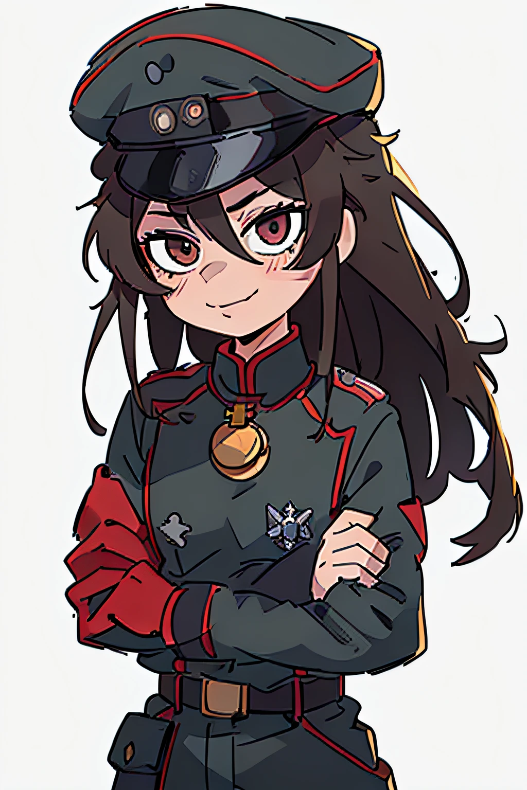 (masterpiece, best quality: 1.2), Solo, 1girl, tanya , looking at viewer, different poses, red eyes,( long hair, completely black) hair, reference to the outfit of a WWII German general World War, black long sleeves (best quality), scar on face, pretty eyes, has only 2 arms, has war medals on his clothes, Black Military Cap, Golden Eagle Medal on Clothing, (Wallpaper), (8K HD), (8K HD), Golden Shoulder Pads, Sprites, 1 Single Design (masterpiece, best quality: 1.2), Solo, 1girl, Tanya \(Youjo senki\), looking at viewer, smile, happy, different poses, eyes red,( long hair, completely black) hair, reference to a German general's clothing from World War II,