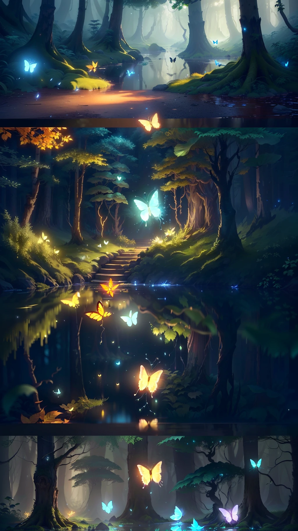A masterpiece, the best quality, stunning reflections, the best reflections ever. (very detailed CG unity 8k wallpapers), (best quality), (best illustrations), (best shadows), forest theme with natural elements. Tall trees, quiet streams, small glowing mushrooms surrounded by delicate leaves and branches, with fireflies and glowing particle effects,, (natural elements), (jungle theme), (leaves), (twigs), (fireflies), butterflies, (delicate leaves), (glow), (particle effects). , Isometric 3D, Octane Rendering, Ray Traced, Super Detailed
