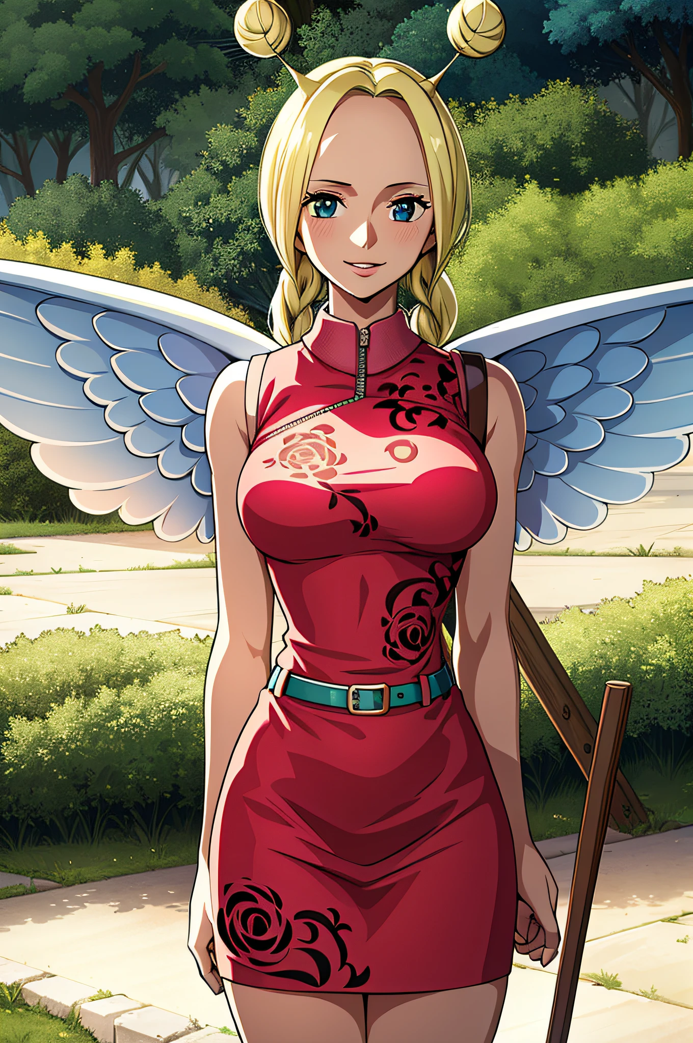 masutepiece, ((hyper detailed background, Delicate pattern, intricate detailes)), (Highly detailed, Fine details), Best Quality, Beautiful lighting, ((medium breasts, Slim Girl)), Conis, 1girl in, Solo, Blonde hair, Wings, Twin braids, Smile, Dress, Blue eyes, Bun, intricate detailed background, Blue sky, tussock, Trees, nature environment, (Cowboy Shot),