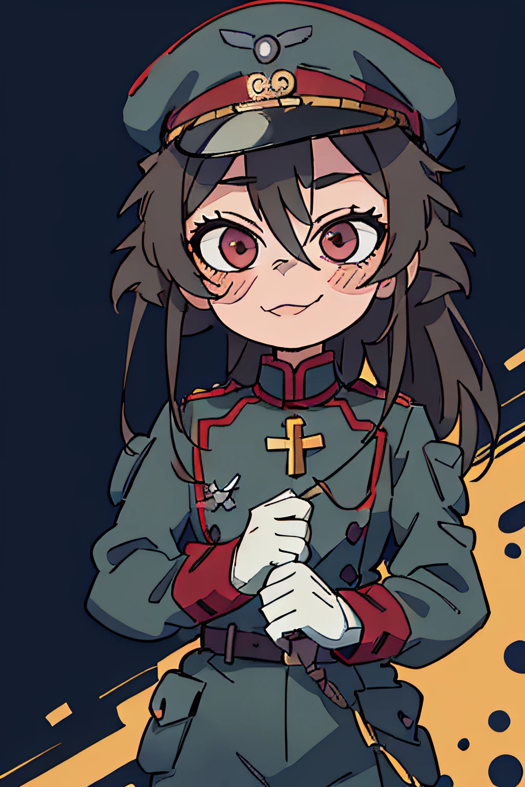 (masterpiece, best quality: 1.2), Solo, 1girl, tanya , looking at viewer, different poses, red eyes,( long hair, completely black) hair, reference to the outfit of a WWII German general World War, black long sleeves (best quality), scar on face, pretty eyes, has only 2 arms, has war medals on his clothes, Black Military Cap, Golden Eagle Medal on Clothing, (Wallpaper), (8K HD), (8K HD), Golden Shoulder Pads, Sprites, 1 Single Design (masterpiece, best quality: 1.2), Solo, 1girl, Tanya \(Youjo senki\), looking at viewer, smile, happy, different poses, eyes red,( long hair, completely black) hair, reference to a German general's clothing from World War II,