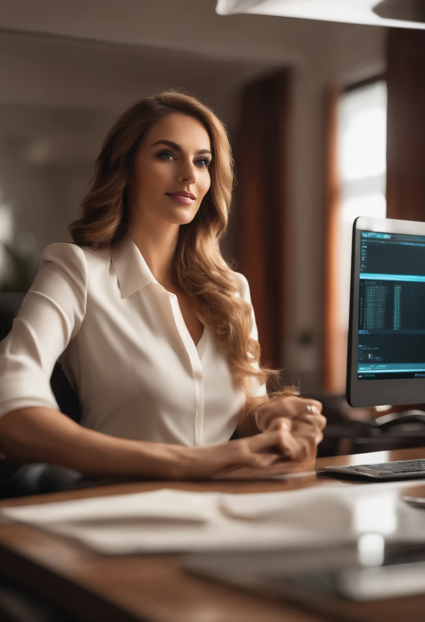 profesional, (Foto 4k:1.1), High detail, Usar ropa de negocios, Hermosa cara detallada, Ojos color avellana, cabello rubio no demasiado largo, Forma del cuerpo, Sala de juntas de oficina con escritorio, Ventanas con vistas a Barcelona