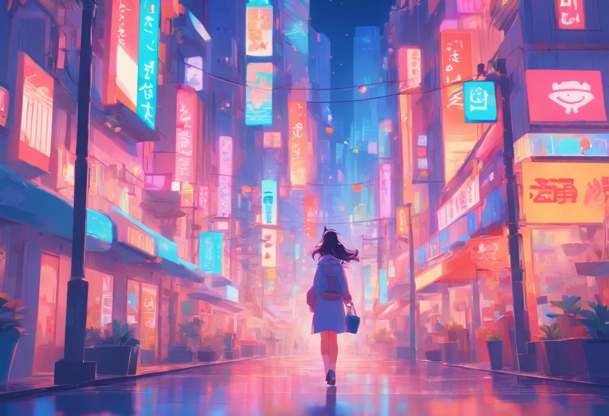 illustration of a woman walking through a city with various objects, editorial illustration pastelcolor, in style of james gilleard, illustration style, james gilleard artwork, flat illustration, in style of digital illustration, magazine illustrations, editorial illustration, digital illustration -, #illustration, magazine illustration, inspired by James Gilleard, modern illustration, illustration | rutkowski, stylized digital illustration