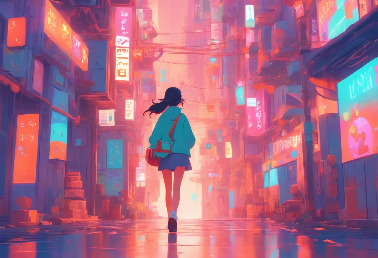illustration of a woman walking through a city with various objects, editorial illustration pastelcolor, in style of james gilleard, illustration style, james gilleard artwork, flat illustration, in style of digital illustration, magazine illustrations, editorial illustration, digital illustration -, #illustration, magazine illustration, inspired by James Gilleard, modern illustration, illustration | rutkowski, stylized digital illustration