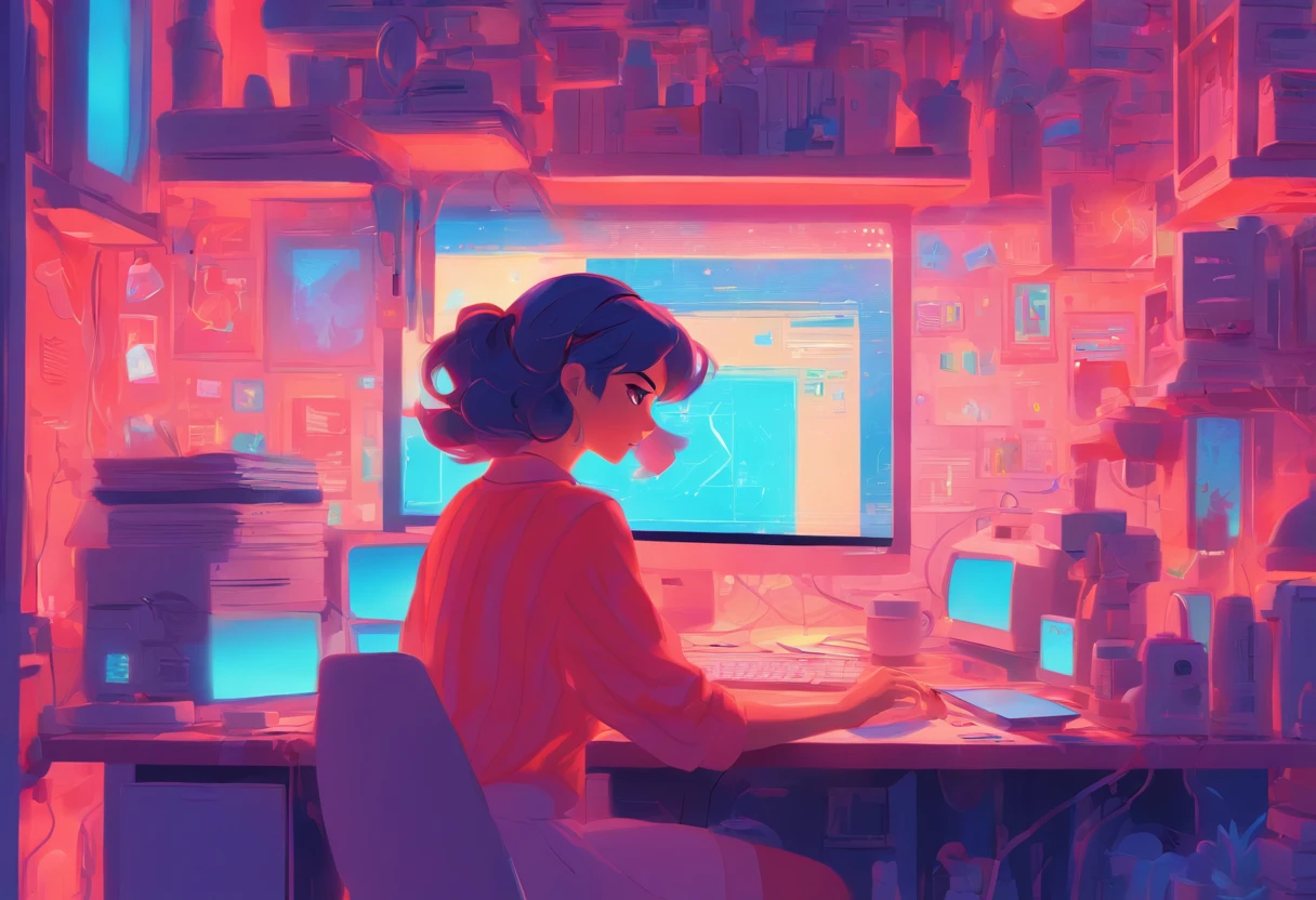 illustration of a woman working on a computer through a room with various objects, editorial illustration pastelcolor, in style of james gilleard, illustration style, james gilleard artwork, flat illustration, in style of digital illustration, magazine illustrations, editorial illustration, digital illustration -, #illustration, magazine illustration, inspired by James Gilleard, modern illustration, illustration | rutkowski, stylized digital illustration