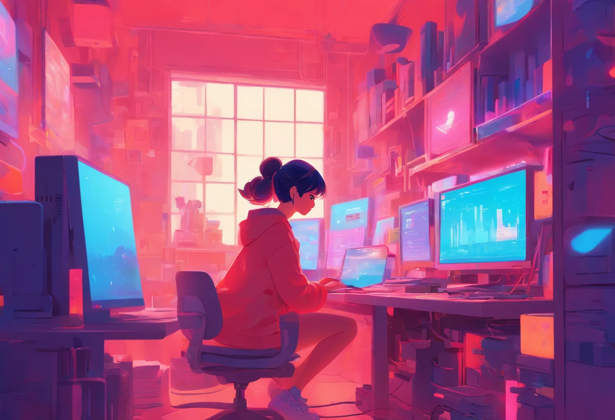 illustration of a woman working on a computer through a room with various objects, editorial illustration pastelcolor, in style of james gilleard, illustration style, james gilleard artwork, flat illustration, in style of digital illustration, magazine illustrations, editorial illustration, digital illustration -, #illustration, magazine illustration, inspired by James Gilleard, modern illustration, illustration | rutkowski, stylized digital illustration