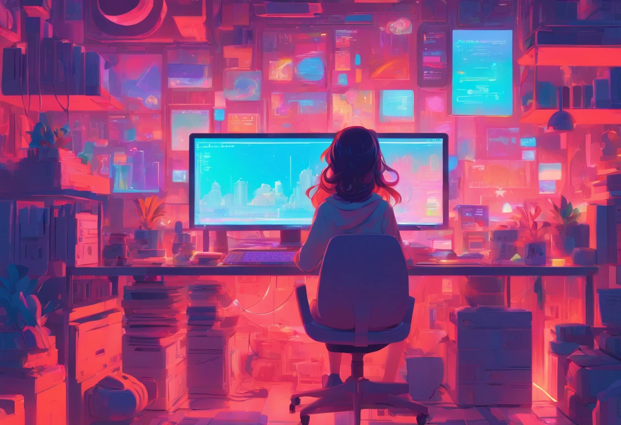 illustration of a woman working on a computer through a room with various objects, editorial illustration pastelcolor, in style of james gilleard, illustration style, james gilleard artwork, flat illustration, in style of digital illustration, magazine illustrations, editorial illustration, digital illustration -, #illustration, magazine illustration, inspired by James Gilleard, modern illustration, illustration | rutkowski, stylized digital illustration