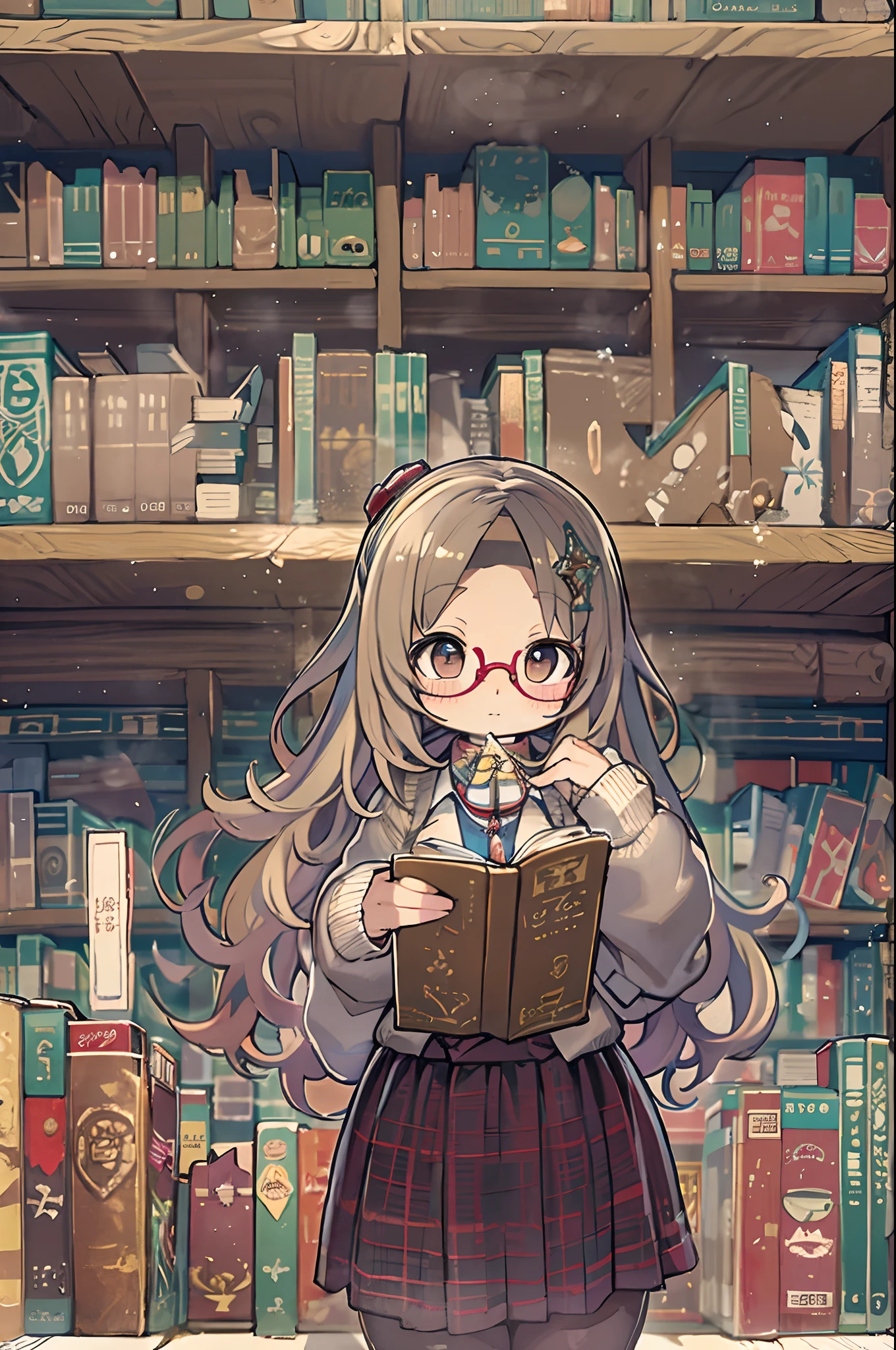 Huge library、1 librarian、One Woman、small round glasses、huge-breasted、Chibi