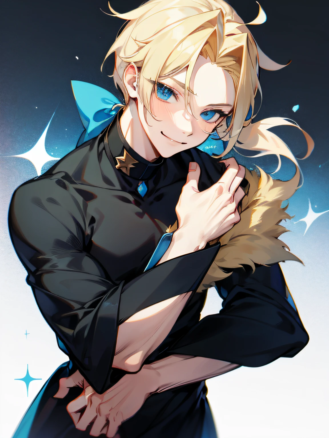 anime male teenager smiling, blond hair in a very short ponytail, blue eyes, black clothes (masterpiece)