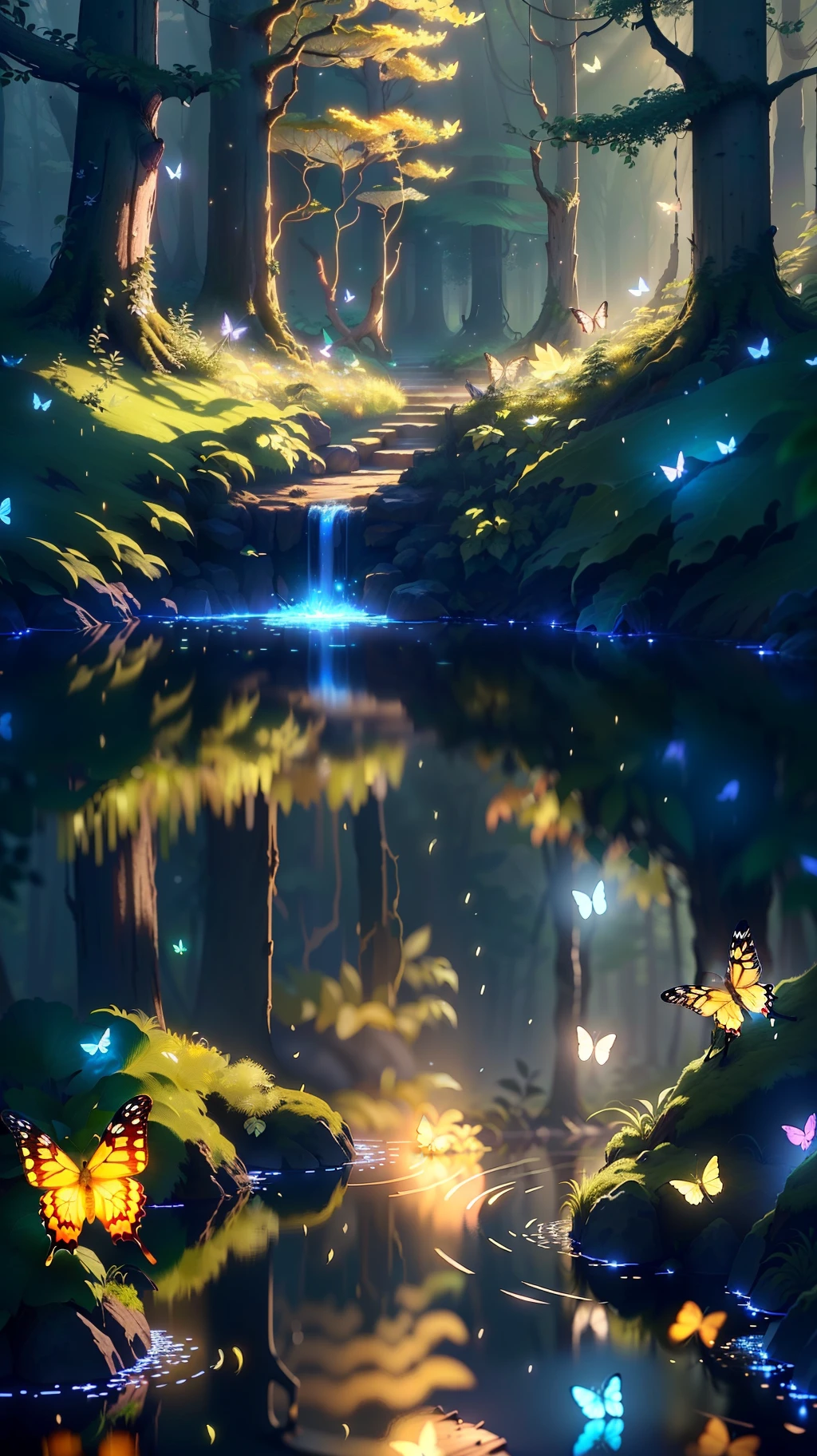 A masterpiece, the best quality, stunning reflections, the best reflections ever. (very detailed CG unity 8k wallpapers), (best quality), (best illustrations), (best shadows), forest theme with natural elements. Tall trees, quiet streams, small glowing mushrooms surrounded by delicate leaves and branches, with fireflies and glowing particle effects,, (natural elements), (jungle theme), (leaves), (twigs), (fireflies), butterflies, (delicate leaves), (glow), (particle effects). , Isometric 3D, Octane Rendering, Ray Traced, Super Detailed