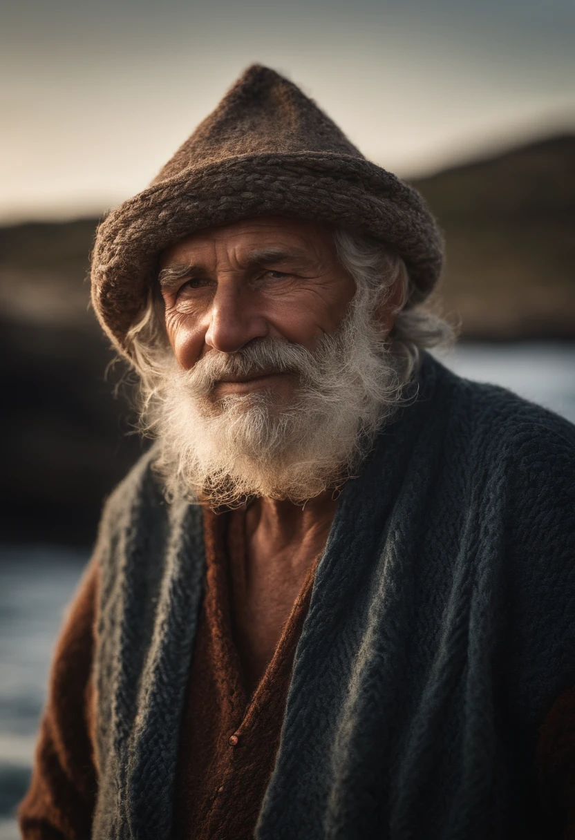 Award-winning full-body photo of an older graying medieval fisherman in a Serha sweater with wrinkles on his face, Rede de pesca, Barco, oceano, ondas, penhasco de montanha com ondas quebrando, tempestuoso, Esquerda, Ser, (background lighting: 1.3), Pintura digital, arte conceitual, liso, foco nítido, thirds rule, fantasia sombria, detalhes intrincados, Medium background with white background photo in studio