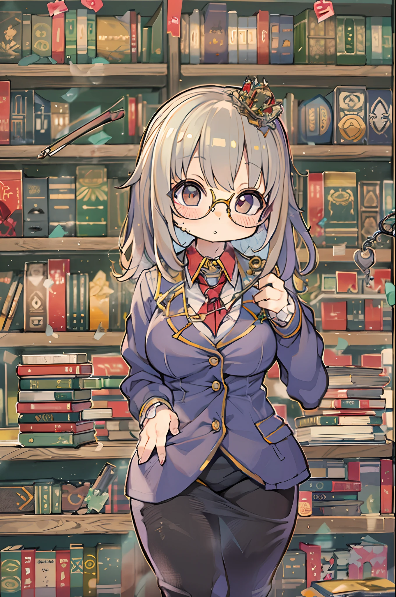 Huge library、1 librarian、One Woman、small round glasses、huge-breasted、Chibi