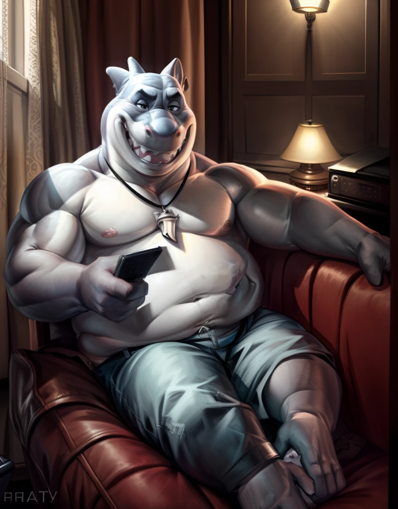 mr shark, masterpiece, volumetric lighting, plump, fat, belly, black eyes, (soft shading), 4k, hi res, five fingers, detailed hands, ((detailed face, (detailed eyes:1.0), detailed)), (full body), by zackarry911, by zaush, (by personalami:0.5), looking at viewer, 1boy, male focus, red shorts, nude torso, laughing, happy, remote control on his hand, dog tags, nipples, ((giant head, huge head, big head))