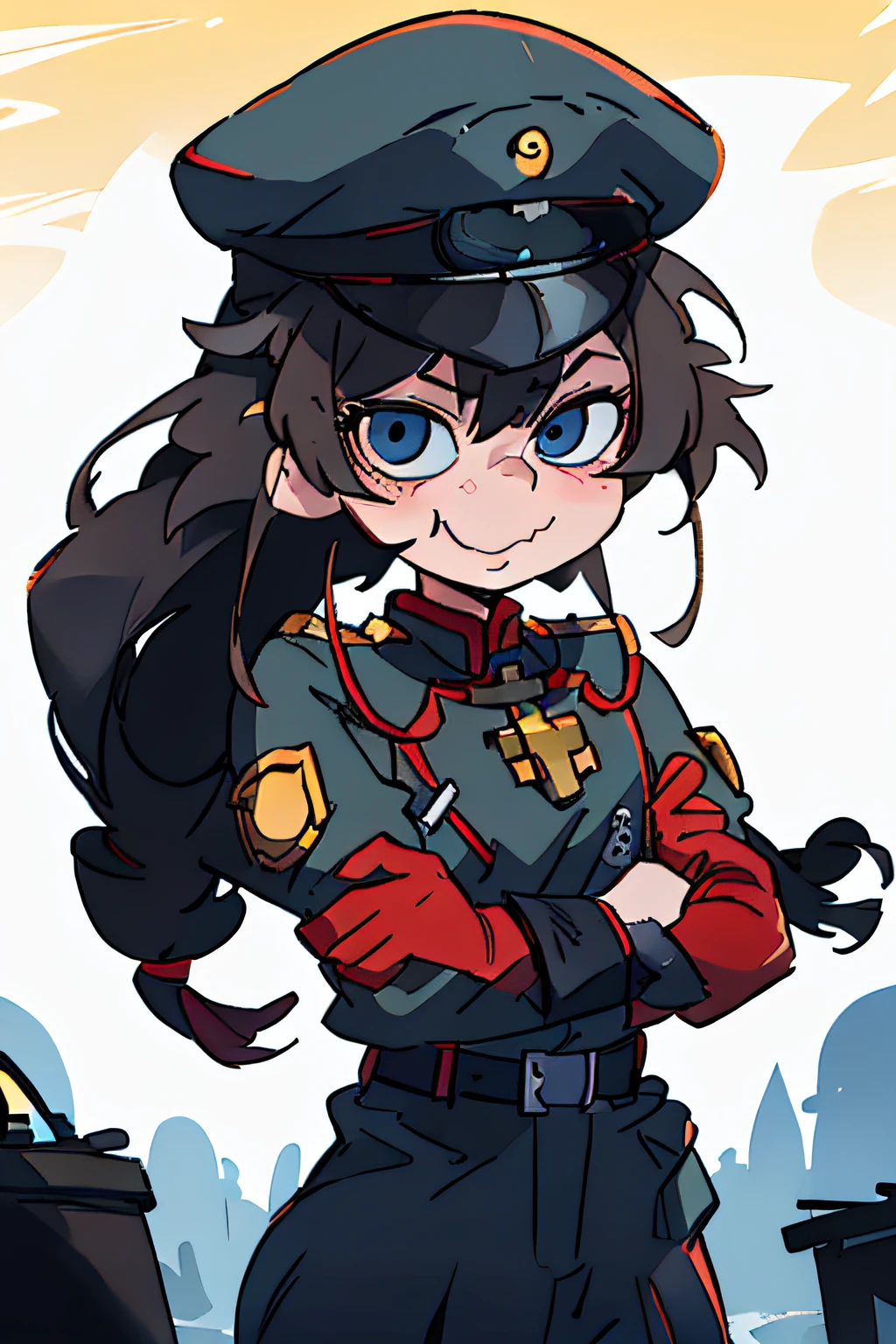 (masterpiece, best quality: 1.2), Solo, 1girl, tanya , looking at viewer, different poses, red eyes,( long hair, completely black) hair, reference to the outfit of a WWII German general World War, black long sleeves (best quality), scar on face, pretty eyes, has only 2 arms, has war medals on his clothes, Black Military Cap, Golden Eagle Medal on Clothing, (Wallpaper), (8K HD), (8K HD), Golden Shoulder Pads, Sprites, 1 Single Design (masterpiece, best quality: 1.2), Solo, 1girl, Tanya \(Youjo senki\), looking at viewer, smile, happy, different poses, eyes red,( long hair, completely black) hair, reference to a German general's clothing from World War II,