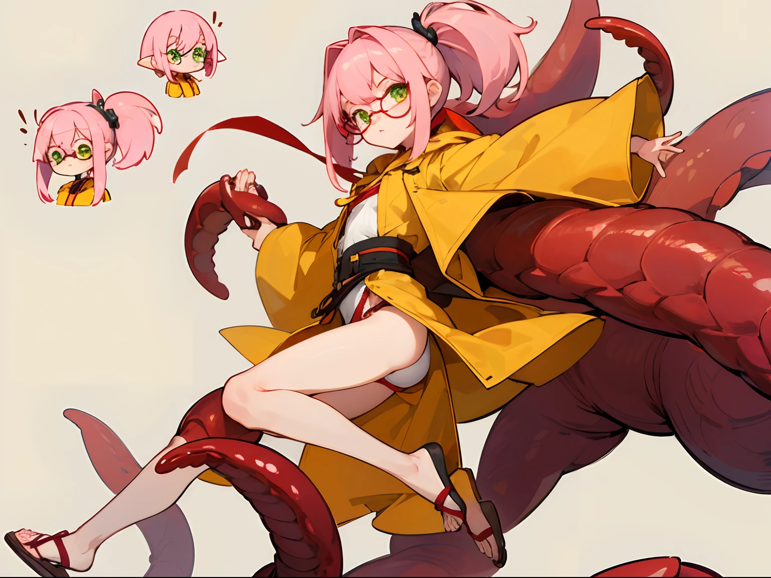 NSFW,​masterpiece,top-quality,((character sheets,Same character,gauges,Lateral face,soles)),environment change scene,Pose too,Hairstyle Fax,Pose Jitai,Chartaran Betarola,(simple background、white backgrounid:1.3),illustratio,1 girl,Petite girl,small tits,Has a small,Pink ash hair,side poneyTail,Green eyes,eye glasses,Shy look,Red face,Yellow raincoat,White loincloth,Red String Sandals,Using tentacles,multi view