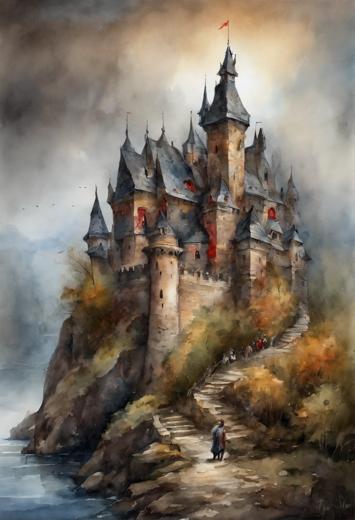 Best quality, Masterpiece, 超高分辨率, (photograph realistic:1.4), surrealism, Dream-like,fusionart, Shadowdancer, shadow magic,Red-eyed, Black-haired vampire,Dilapidated castle in the background