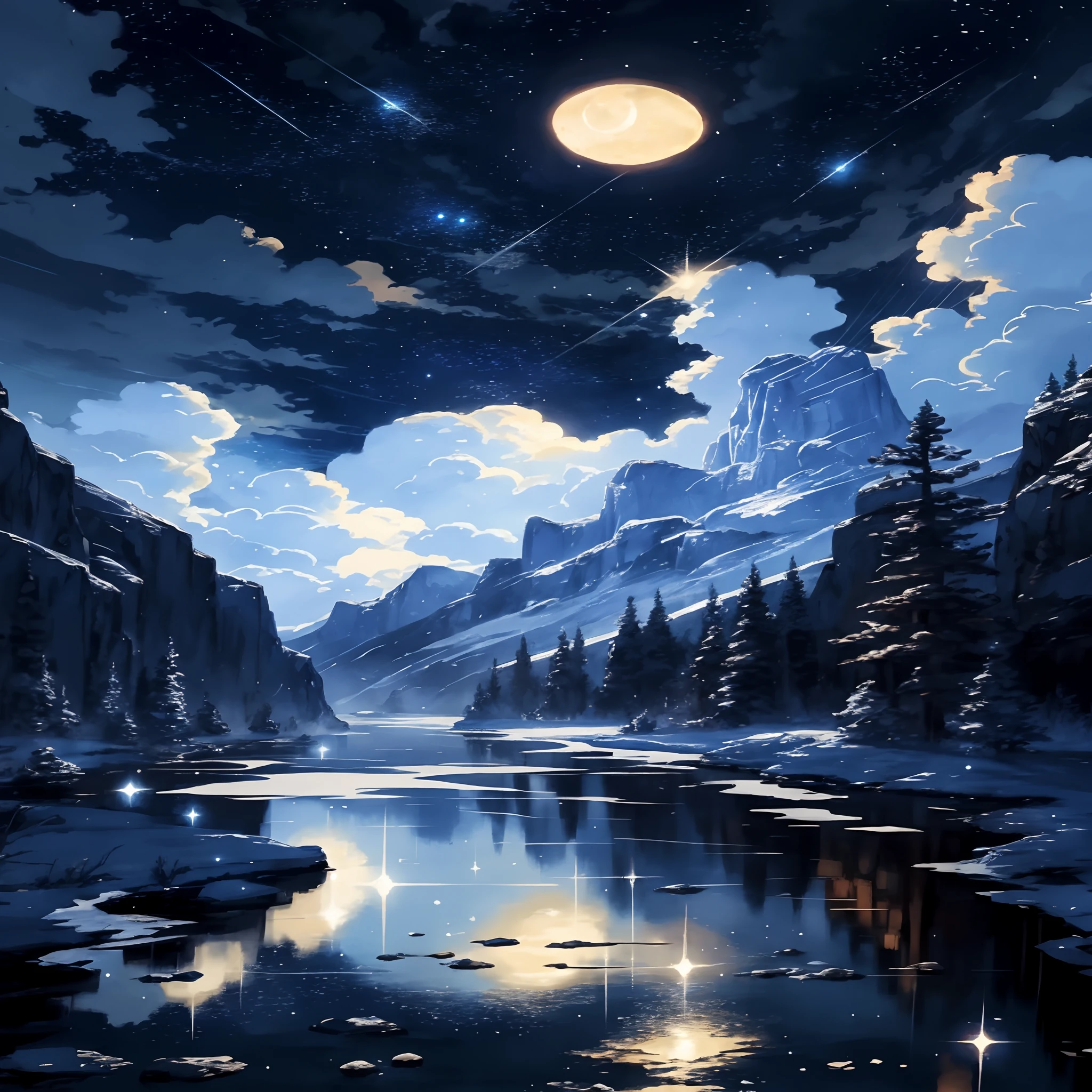 A painting of the river and the stars and the moon in the sky, with bright colors, by Makoto Shinkai. Concept art inspired by Tosa Mitsuoki, pixiv contest winner, best quality, fantasy art, beautiful anime scenes, golden moon. A bright moon, starry sky environment under the moonlight, dream painting, anime background art, fantasy landscape art, dreamy night, anime background, background artwork, dreamy art, atmospheric anime, starry sky, details enhanced.