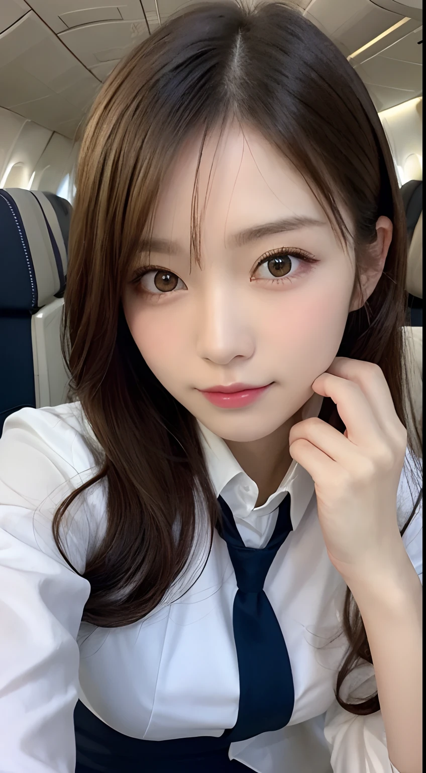 masutepiece, Best Quality, Illustration, Ultra-detailed, finely detail, hight resolution, 8K Wallpaper, Perfect dynamic composition, Beautiful detailed eyes,waved hair,small tits、Natural Color Lip, Bold sexy poses,20 years girl、Cute、The viewer's point of view is on the viewer's side、up of face、Sexy face,high-heels, Stewardess uniform、Look at viewers、(Inside the plane:1.2)、front-facing view、Shoulder、Absolute area(1.3)、KPOP Idol Face,Cute,beauty legs、Cute、Perfect beautiful face,skinny face
