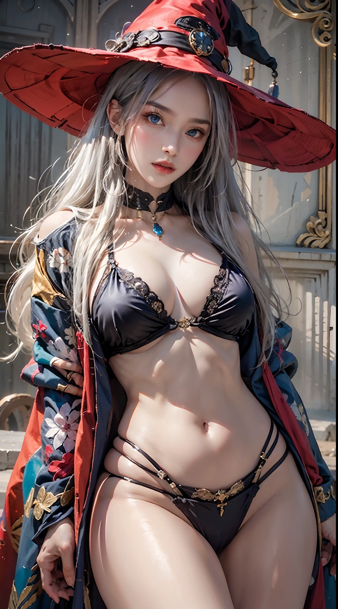 photorealistic, high resolution, soft lights, 1women, solo, hips up, blue eyes, witch robe, full robe