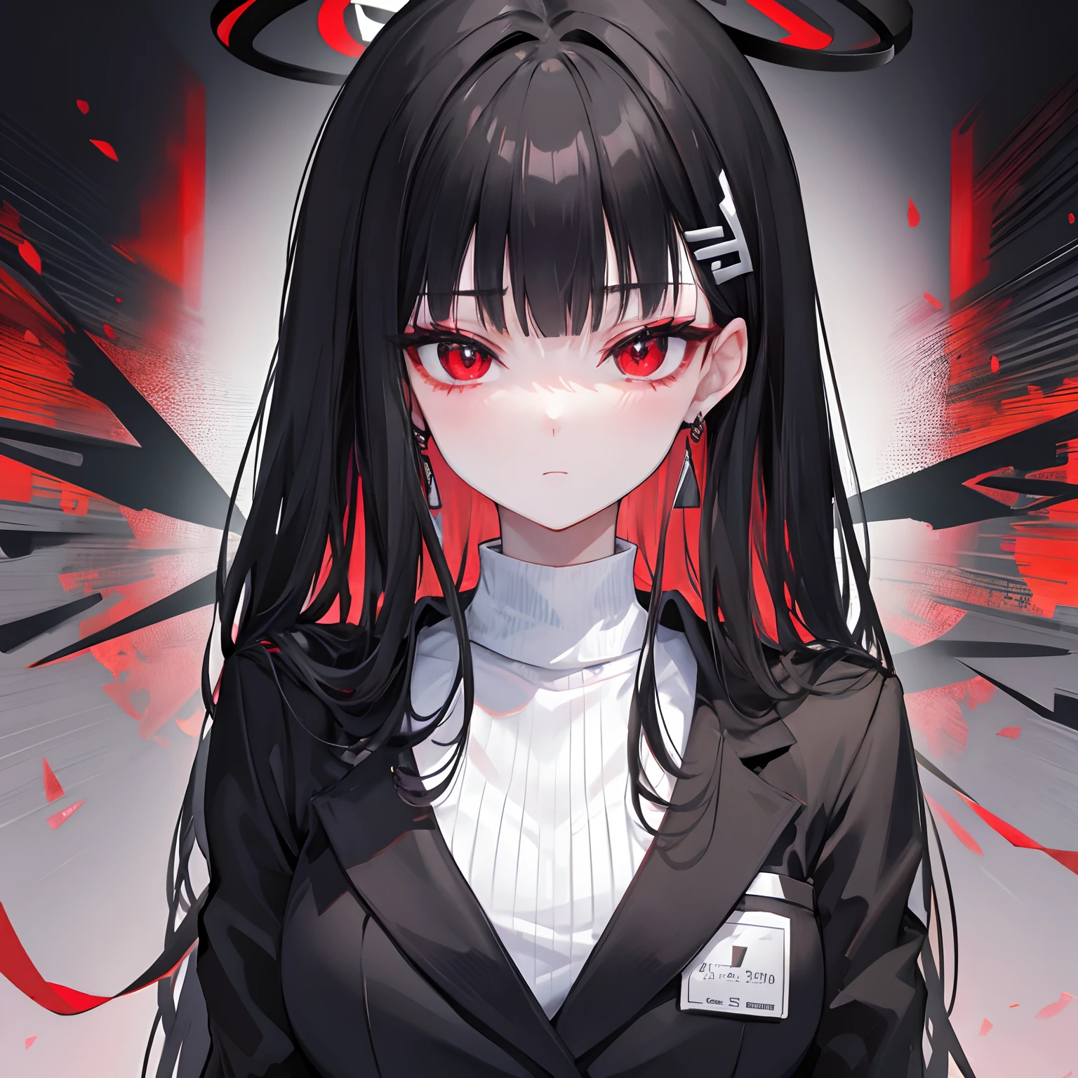 head focus, halo halo, red eyes, hair ornament, black hair, sweater, suit,