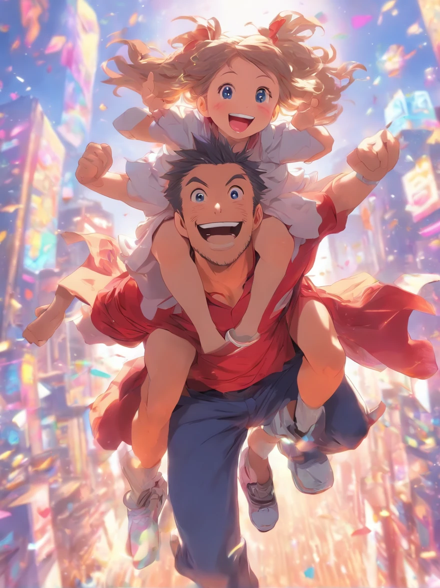 Father and daughter on good terms, girl riding on father's shoulders, happy, smile, cutecore, deformed style,white background
