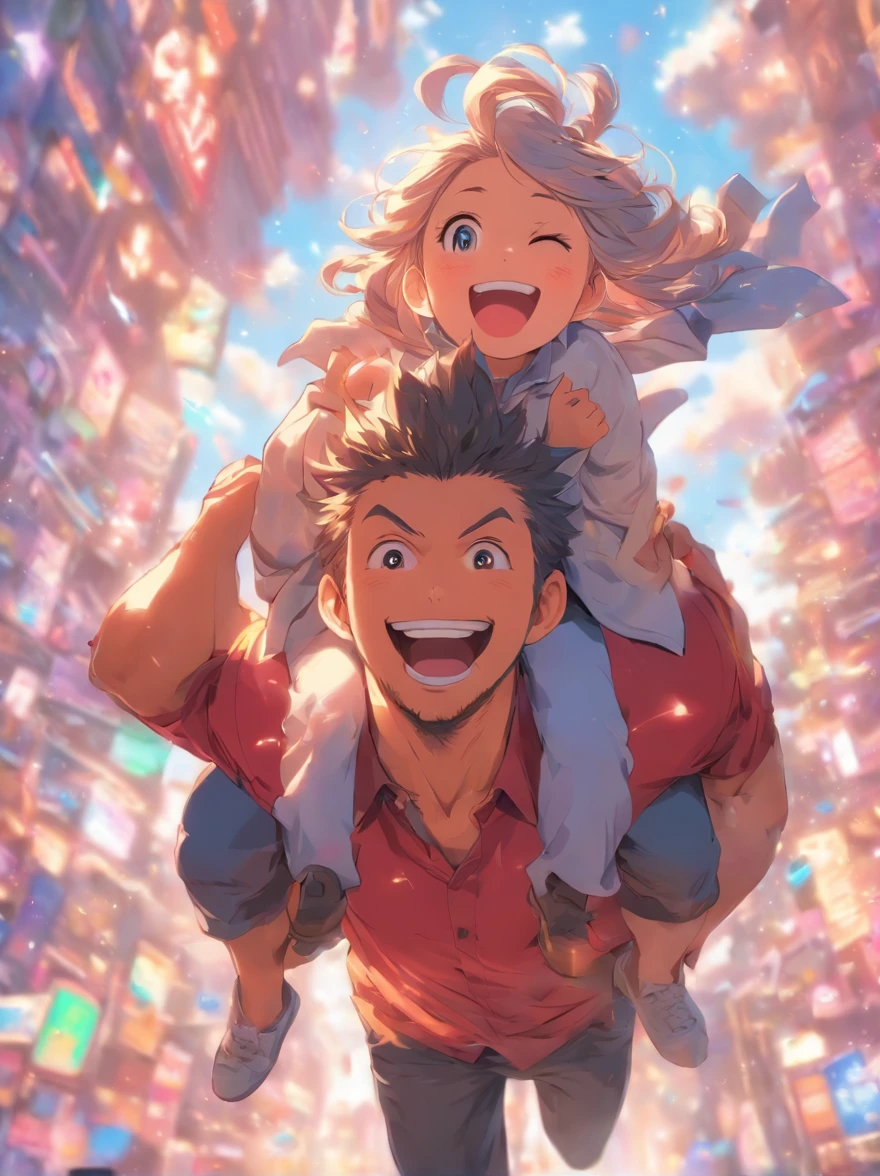 Father and daughter on good terms, girl riding on father's shoulders, happy, smile, cutecore, deformed style,white background