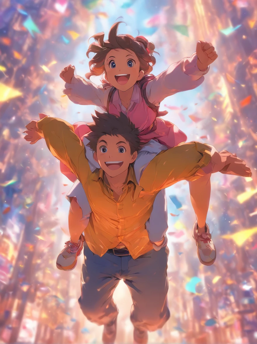 Father and daughter on good terms, girl riding on father's shoulders, happy, smile, cutecore, deformed style,white background