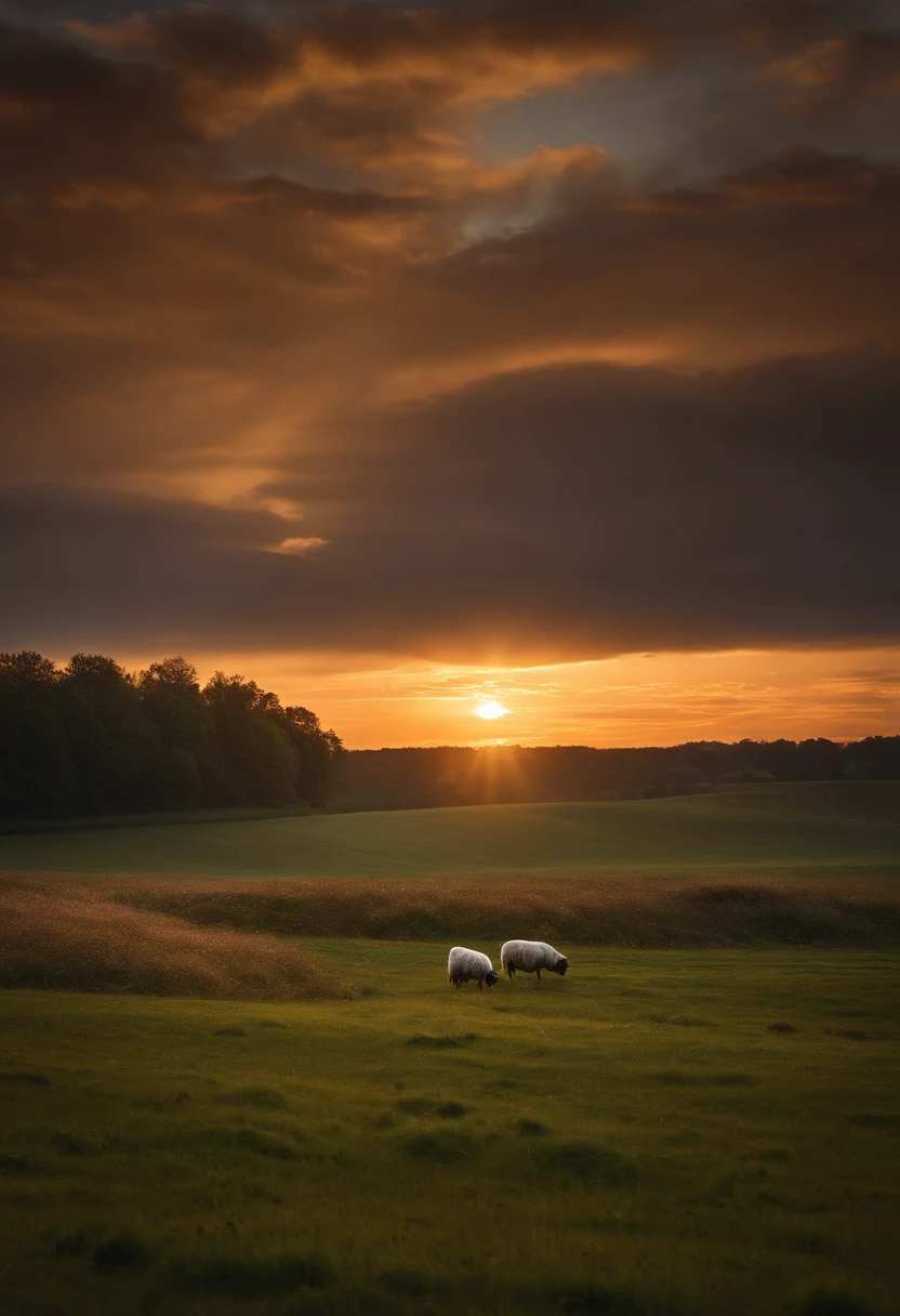 image of a field with bright Light leading to the horizon, des moutons un lac et un fond assez sombre sauf avec le lever du soleil