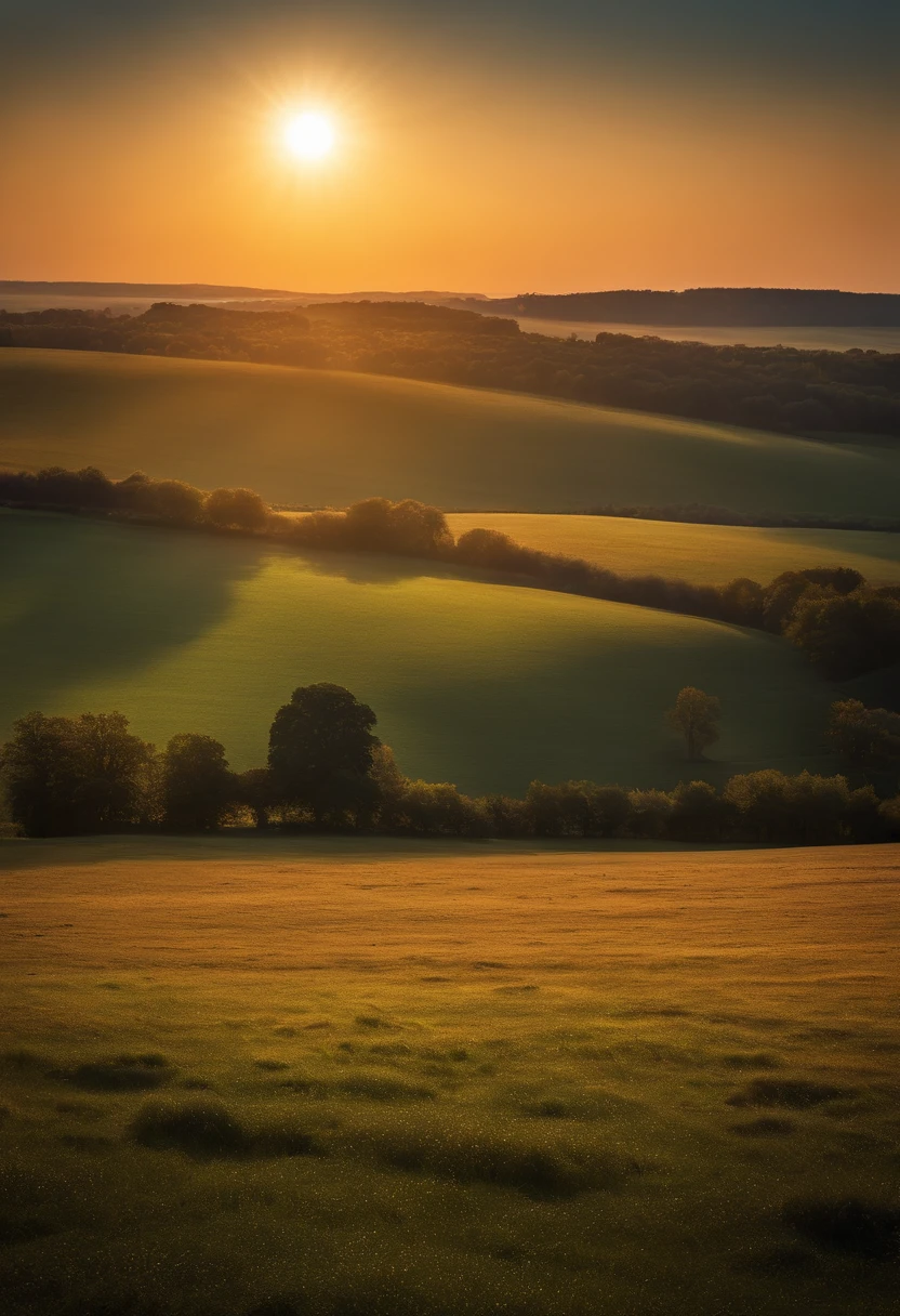image of a field with bright Light leading to the horizon, des moutons un lac et un fond assez sombre sauf avec le lever du soleil