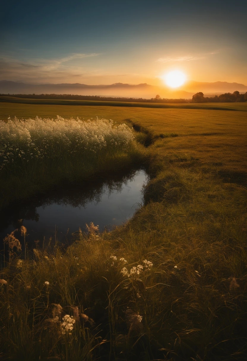 image of a field with bright Light leading to the horizon, des moutons un lac et un fond assez sombre sauf avec le lever du soleil