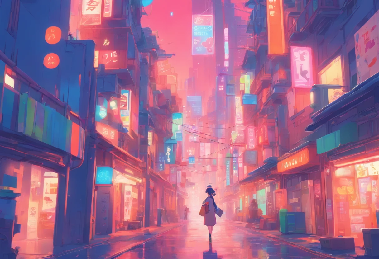 illustration of a woman walking through a city with various objects, editorial illustration pastelcolor, in style of james gilleard, illustration style, james gilleard artwork, flat illustration, in style of digital illustration, magazine illustrations, editorial illustration, digital illustration -, #illustration, magazine illustration, inspired by James Gilleard, modern illustration, illustration | rutkowski, stylized digital illustration