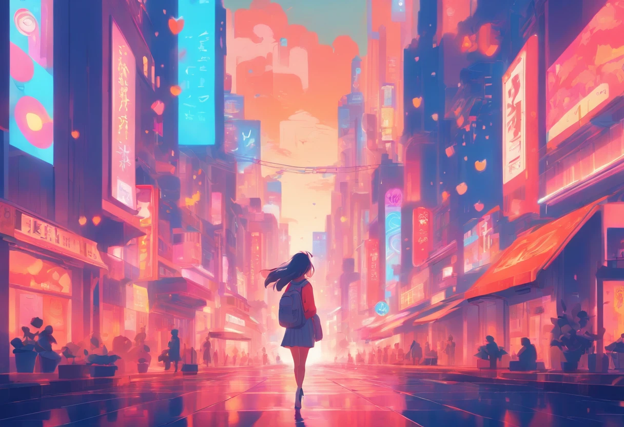 A woman walking down a city street at night with neon lights - SeaArt AI