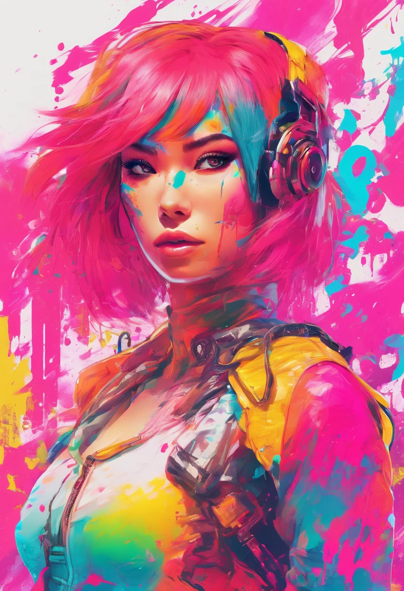 (Masterpiece, Best Quality, High Resolution), White Background, ((Paint Splash, Color Splash, Splash of Ink, Color Splash)), Sweet Chinese Girl, Rainbow Hair, Pink Lips, Front, Upper Body