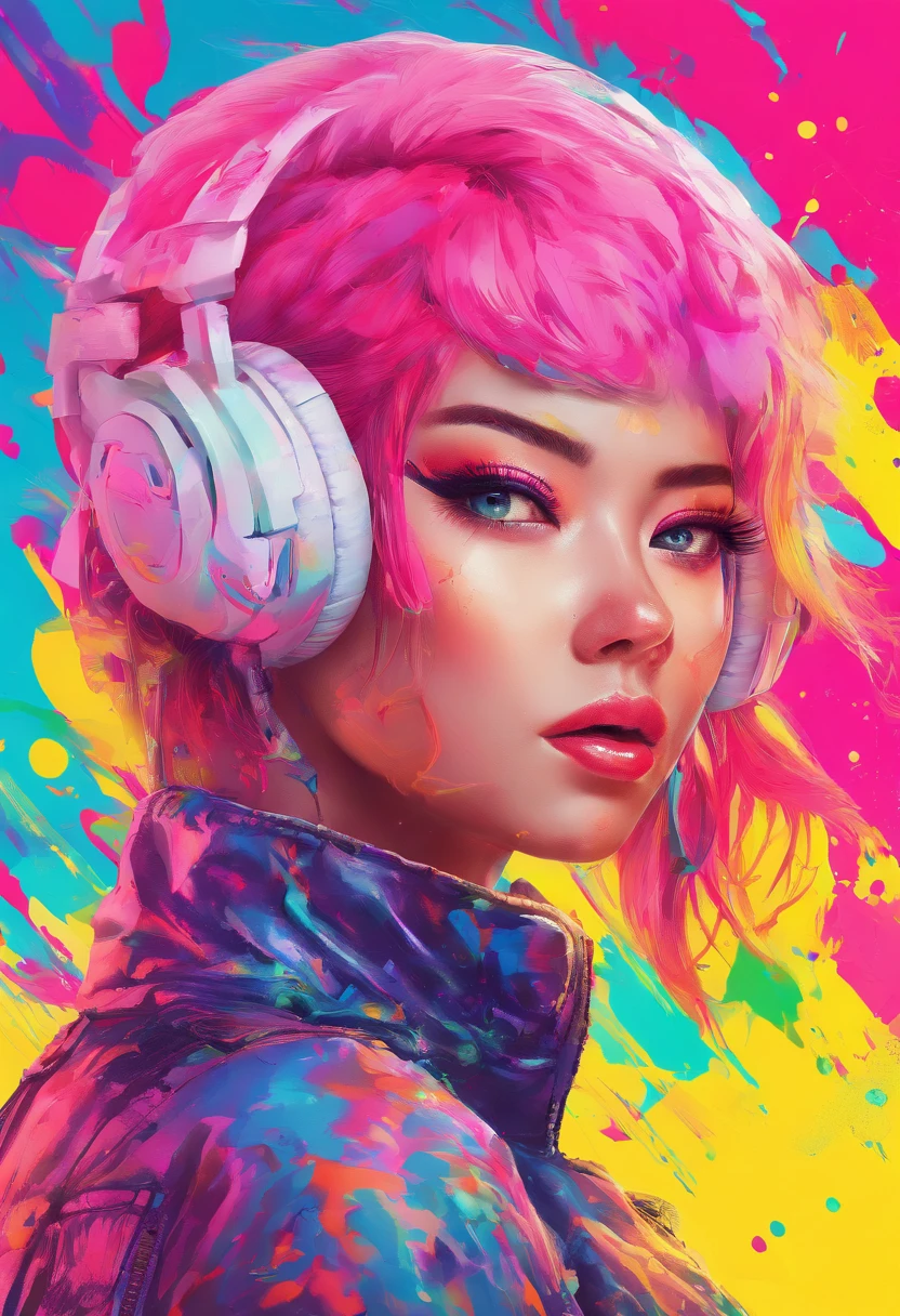 (Masterpiece, Best Quality, High Resolution), White Background, ((Paint Splash, Color Splash, Splash of Ink, Color Splash)), Sweet Chinese Girl, Rainbow Hair, Pink Lips, Front, Upper Body