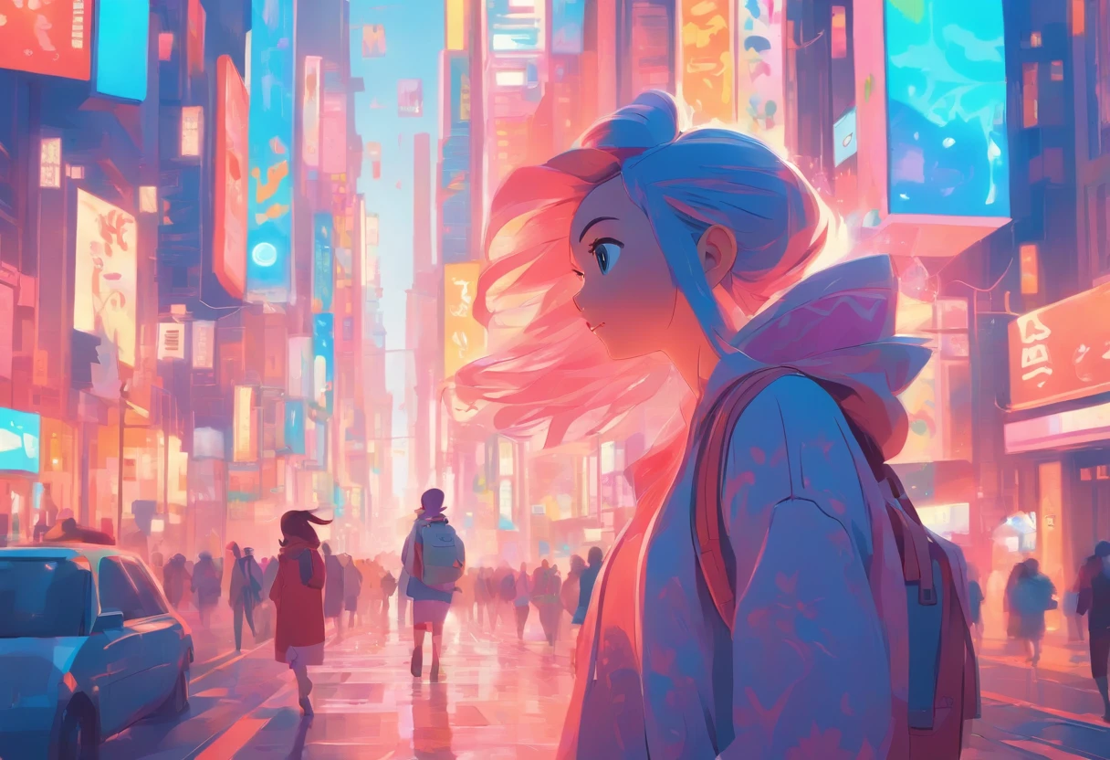 illustration of a woman walking through a city with various objects, editorial illustration pastelcolor, in style of james gilleard, illustration style, james gilleard artwork, flat illustration, in style of digital illustration, magazine illustrations, editorial illustration, digital illustration -, #illustration, magazine illustration, inspired by James Gilleard, modern illustration, illustration | rutkowski, stylized digital illustration