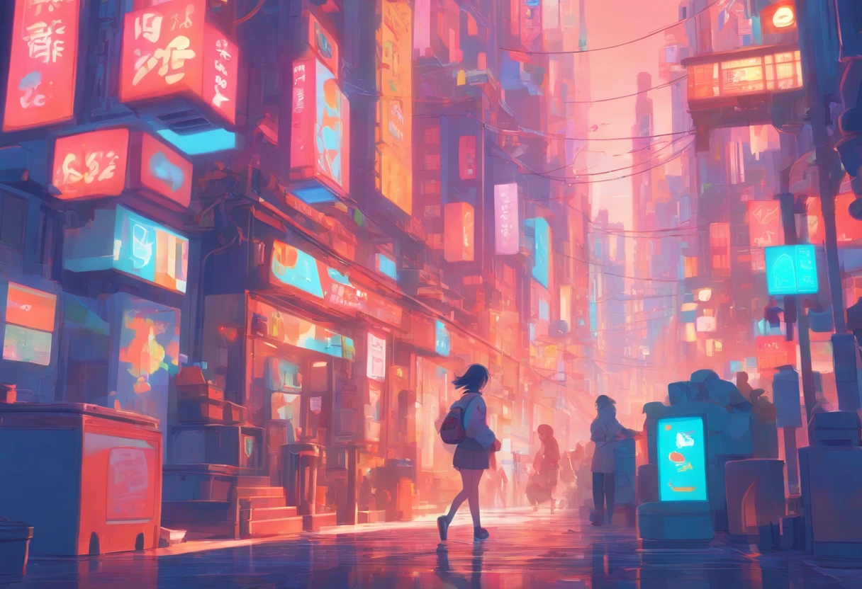 illustration of a woman walking through a city with various objects, editorial illustration pastelcolor, in style of james gilleard, illustration style, james gilleard artwork, flat illustration, in style of digital illustration, magazine illustrations, editorial illustration, digital illustration -, #illustration, magazine illustration, inspired by James Gilleard, modern illustration, illustration | rutkowski, stylized digital illustration