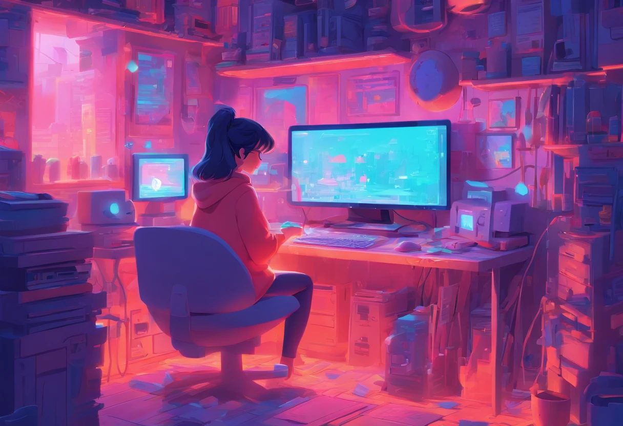 illustration of a woman working on a computer through a room with various objects, editorial illustration pastelcolor, in style of james gilleard, illustration style, james gilleard artwork, flat illustration, in style of digital illustration, magazine illustrations, editorial illustration, digital illustration -, #illustration, magazine illustration, inspired by James Gilleard, modern illustration, illustration | rutkowski, stylized digital illustration