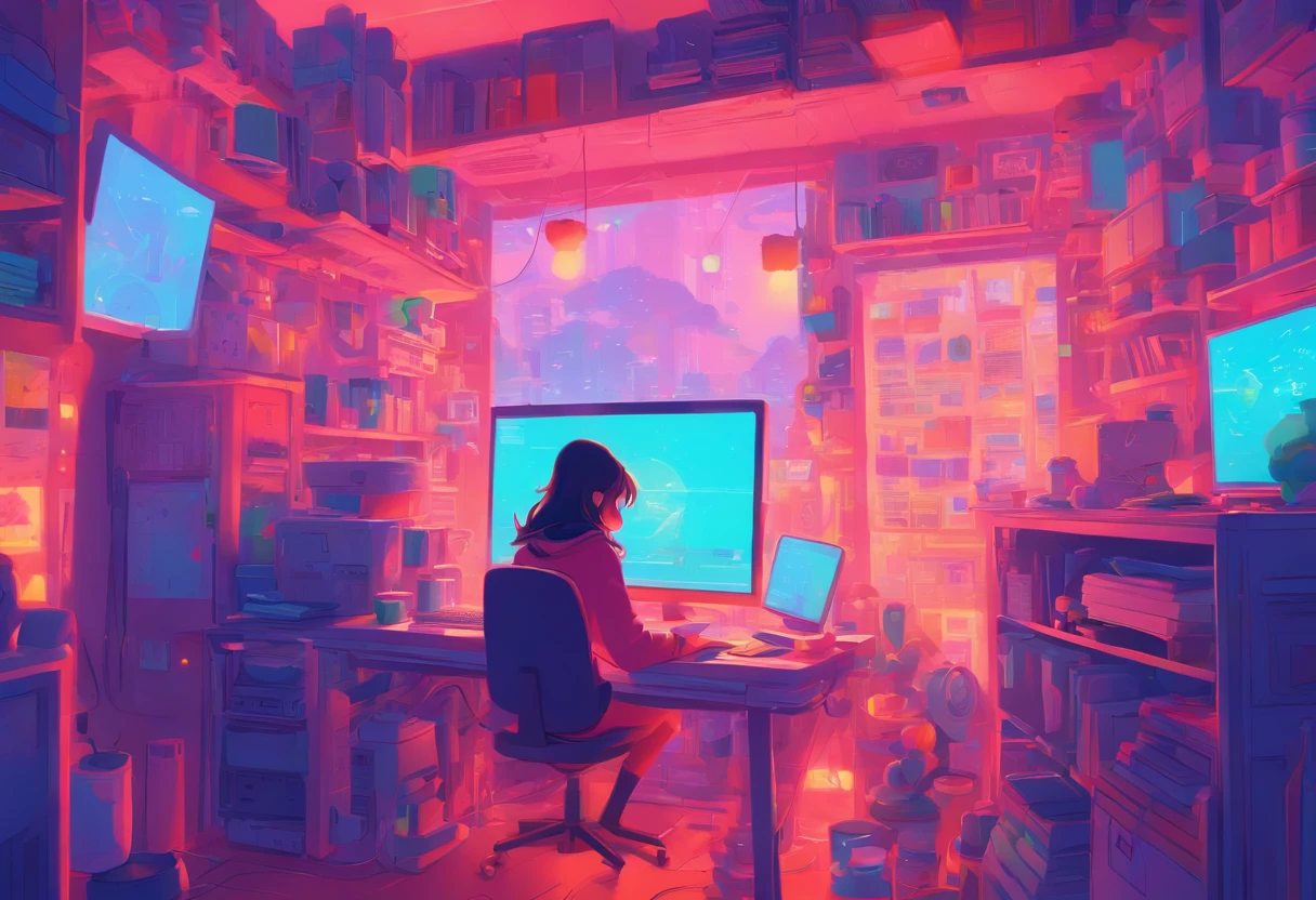 illustration of a woman working on a computer through a room with various objects, editorial illustration pastelcolor, in style of james gilleard, illustration style, james gilleard artwork, flat illustration, in style of digital illustration, magazine illustrations, editorial illustration, digital illustration -, #illustration, magazine illustration, inspired by James Gilleard, modern illustration, illustration | rutkowski, stylized digital illustration