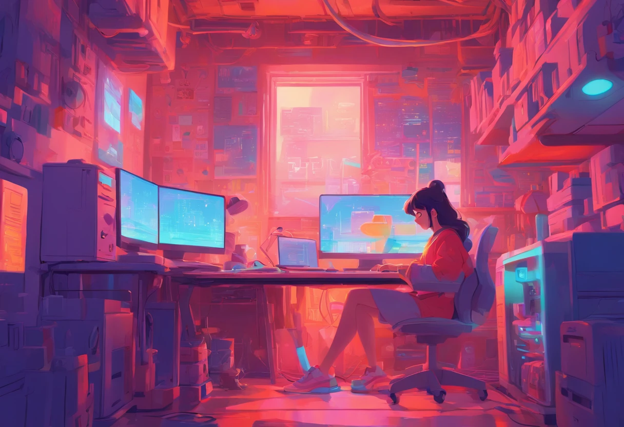 illustration of a woman working on a computer through a room with various objects, editorial illustration pastelcolor, in style of james gilleard, illustration style, james gilleard artwork, flat illustration, in style of digital illustration, magazine illustrations, editorial illustration, digital illustration -, #illustration, magazine illustration, inspired by James Gilleard, modern illustration, illustration | rutkowski, stylized digital illustration