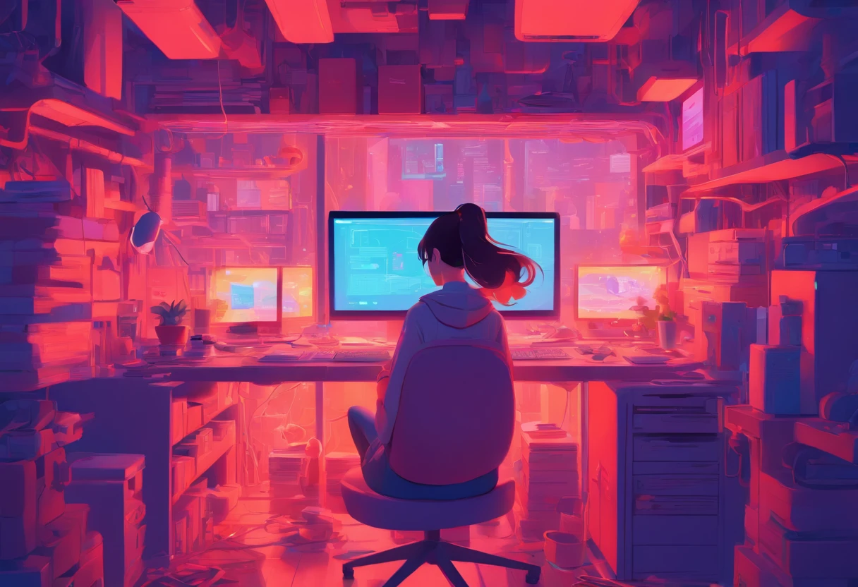 illustration of a woman working on a computer through a room with various objects, editorial illustration pastelcolor, in style of james gilleard, illustration style, james gilleard artwork, flat illustration, in style of digital illustration, magazine illustrations, editorial illustration, digital illustration -, #illustration, magazine illustration, inspired by James Gilleard, modern illustration, illustration | rutkowski, stylized digital illustration