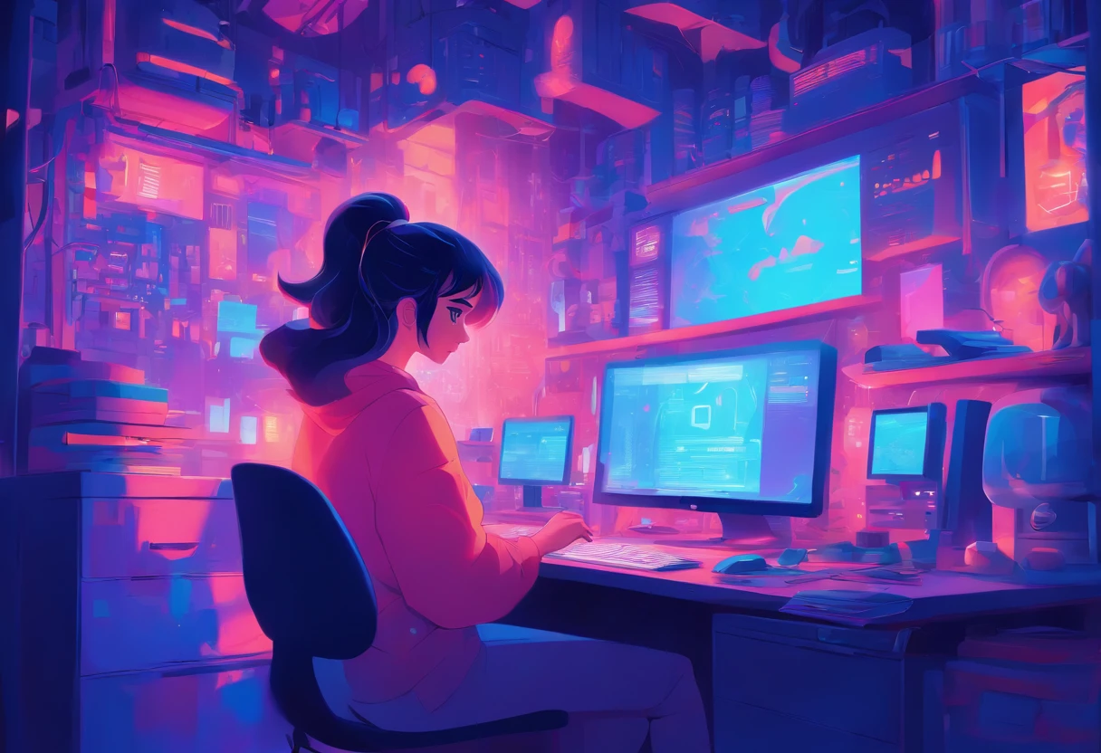 illustration of a woman working on a computer through a room with various objects, editorial illustration pastelcolor, in style of james gilleard, illustration style, james gilleard artwork, flat illustration, in style of digital illustration, magazine illustrations, editorial illustration, digital illustration -, #illustration, magazine illustration, inspired by James Gilleard, modern illustration, illustration | rutkowski, stylized digital illustration