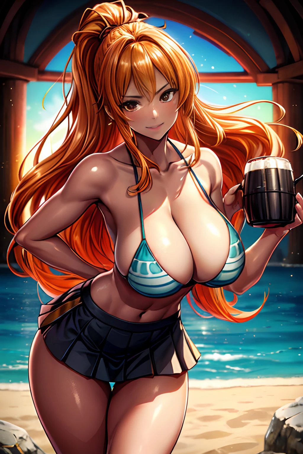 Huge BIG Chest Split Abs Thick Thighs Pleated Skirt Super Long Hair Blonde Red Eye Shadow Dark Skin Kunekune, oil painting, ultra-detailed, vivid colors, professional, portraits, HDR, studio lighting, sharp focus, physicially-based rendering, long-legged, fair-skinned, gentle smile, subtle blush, elegant pose, surrounded by colorful flowers, golden sunlight, dreamy atmosphere, flowing breeze, vibrant background, delicate features, graceful movement, captivating expression, clear complexion, fine details, high cheekbones, defined jawline, slender waist, alluring beauty.Tank top big breasts Ponytail Black hair Beach Holding a beer mug Bouncy smile Sporty マスターピース