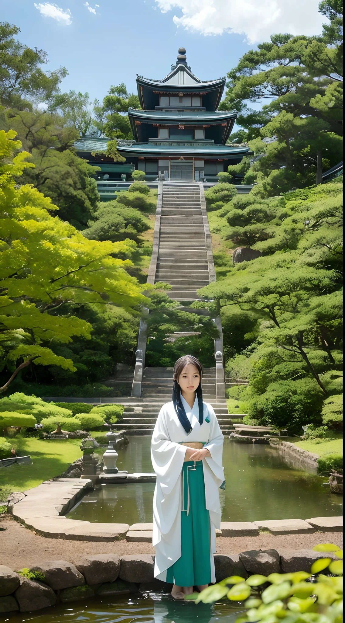 Japan girl has white skin and beautiful、Emerald blue eyes、silber hair、Braids、Priestess costume、Precincts of the shrine、Large torii gate、small pond、lantern、