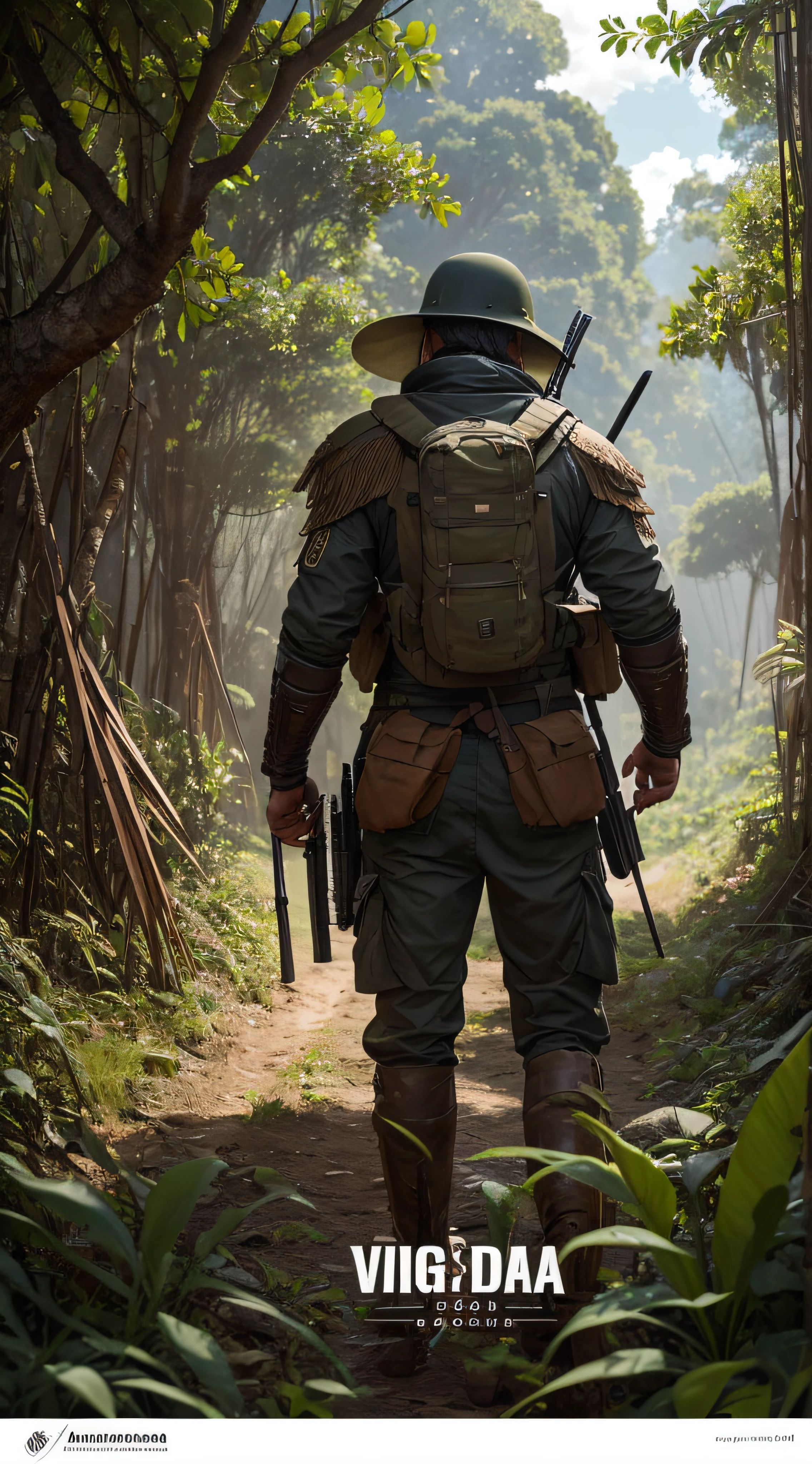 (extremadamente detallado, obra maestra, La mejor calidad, foto antigua, principios de siglo, VHS Aesthetics) Soldado con una armadura tecno. Armas grandes, cannons on his back. motosierras. pieles de animales. In the middle of a strange jungle. Vegetables from another dimension. Epic flowers far away, organic trees with meat. Luz noche.